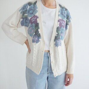 Vintage Huntington Ridge Ivory Floral Hand Knit Flowers Cardigan Sweater M